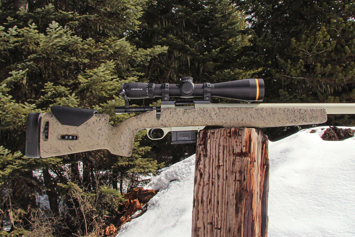 Wayne York’s personal prairie dog rifle, chambered in his own 24 York round, was built on a Howa 1500 Mini Action, and holds a heavy Benchmark barrel, Timney Trigger and Pendleton Composite Stocks’ T11 handle.